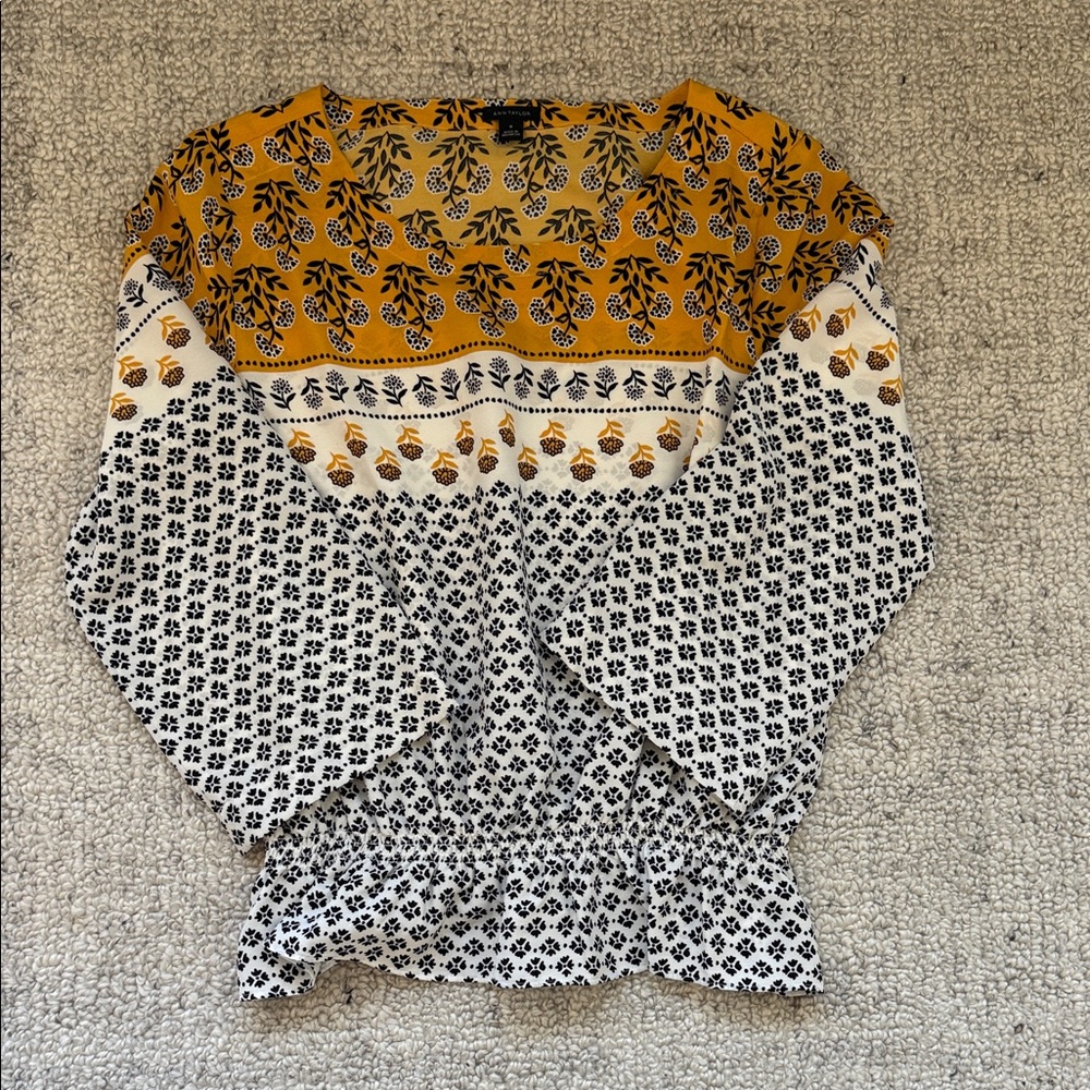 Ann Taylor Yellow and Black Floral Blouse